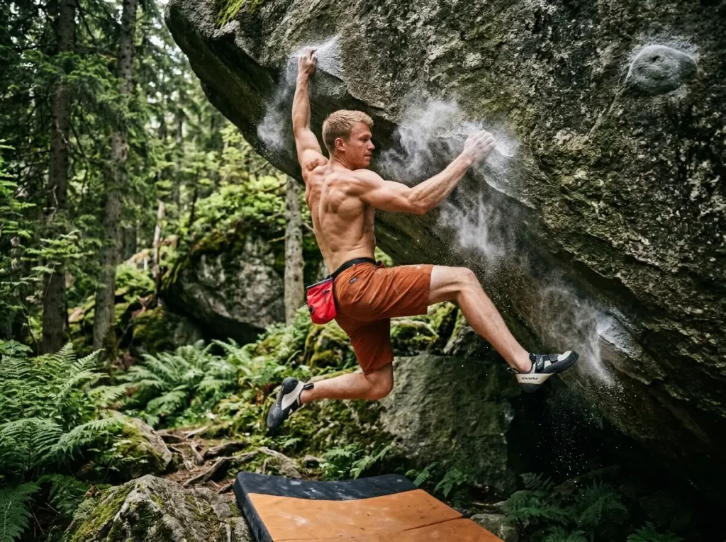 Boulderer jumping for a hold showing extreme power