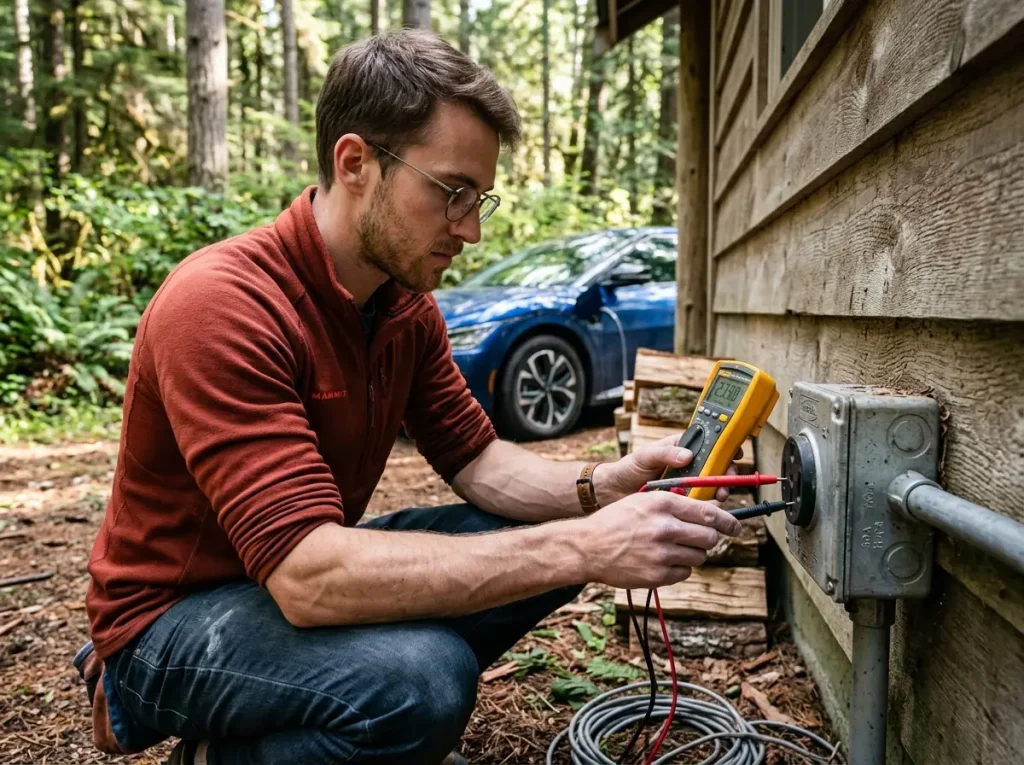 Inspecting a NEMA 14-50 outlet for safe electric vehicle charging at a remote climbing cabin.