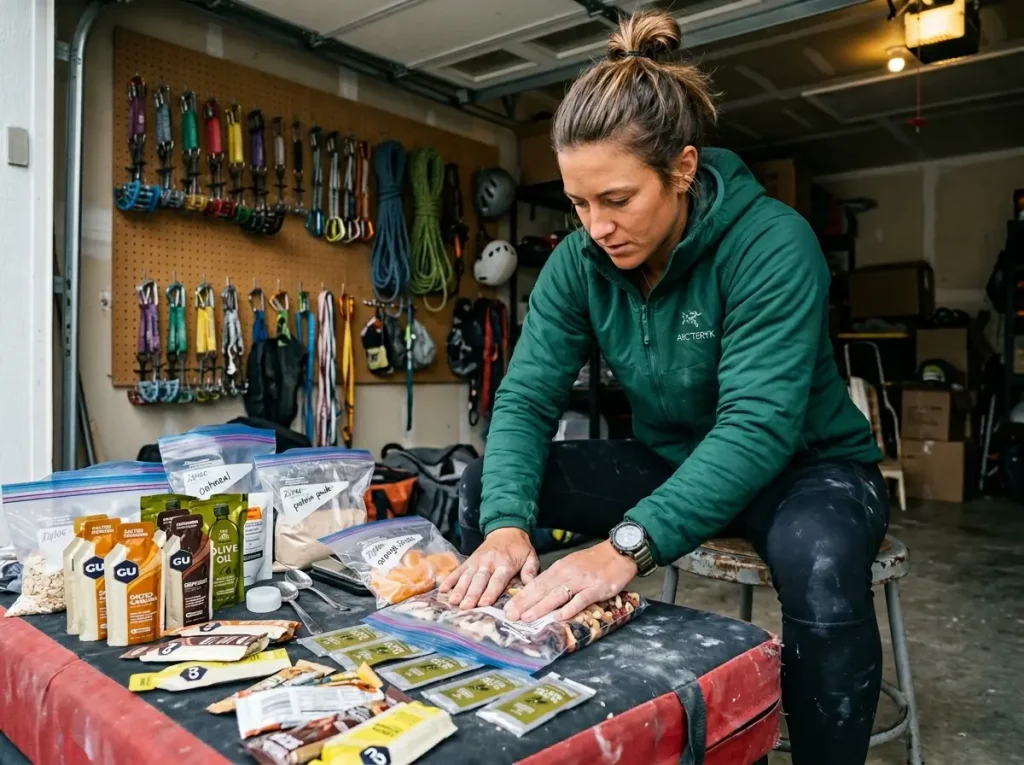 Climber calculating caloric physics audit for climbing food