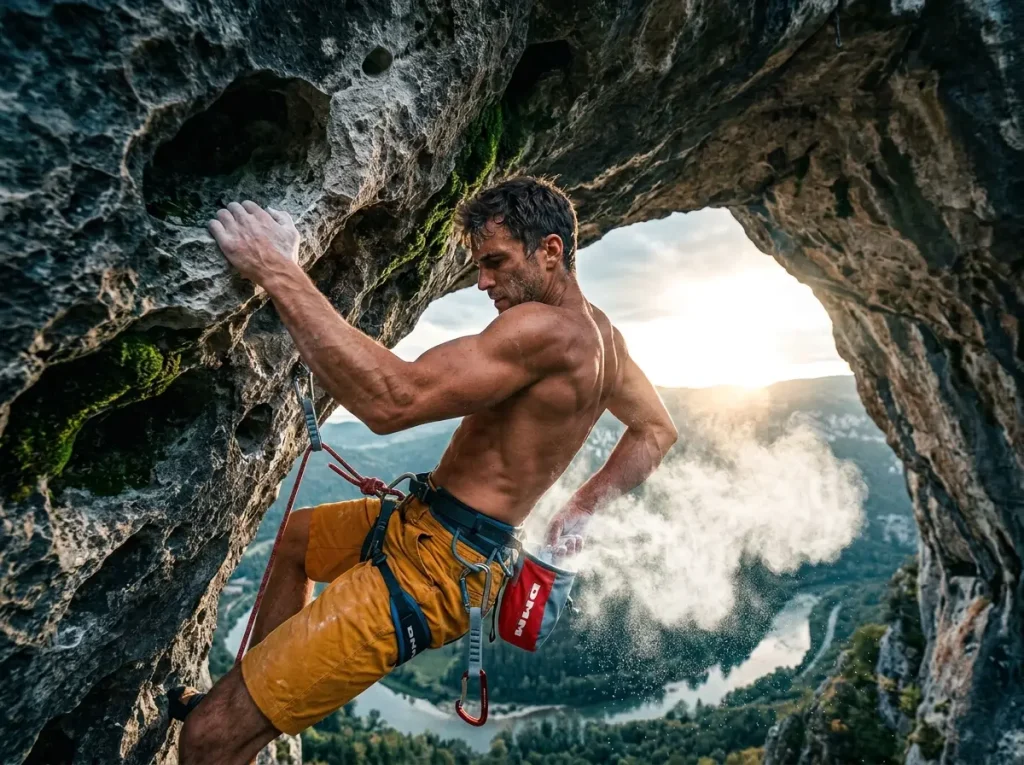 Male climber using chalk bag on a steep overhang, a subtle way climbers spread invasive species unknowingly.