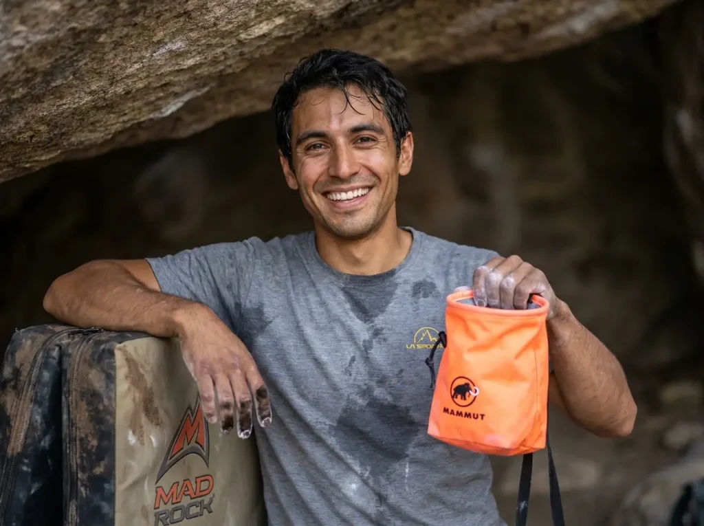 Community leader handing out climbing gear raffle prizes after a cleanup