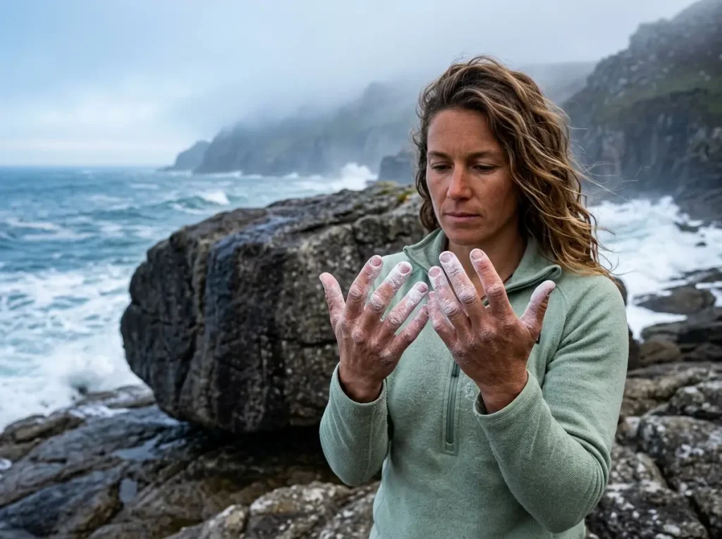 Climber applying liquid chalk in humid conditions