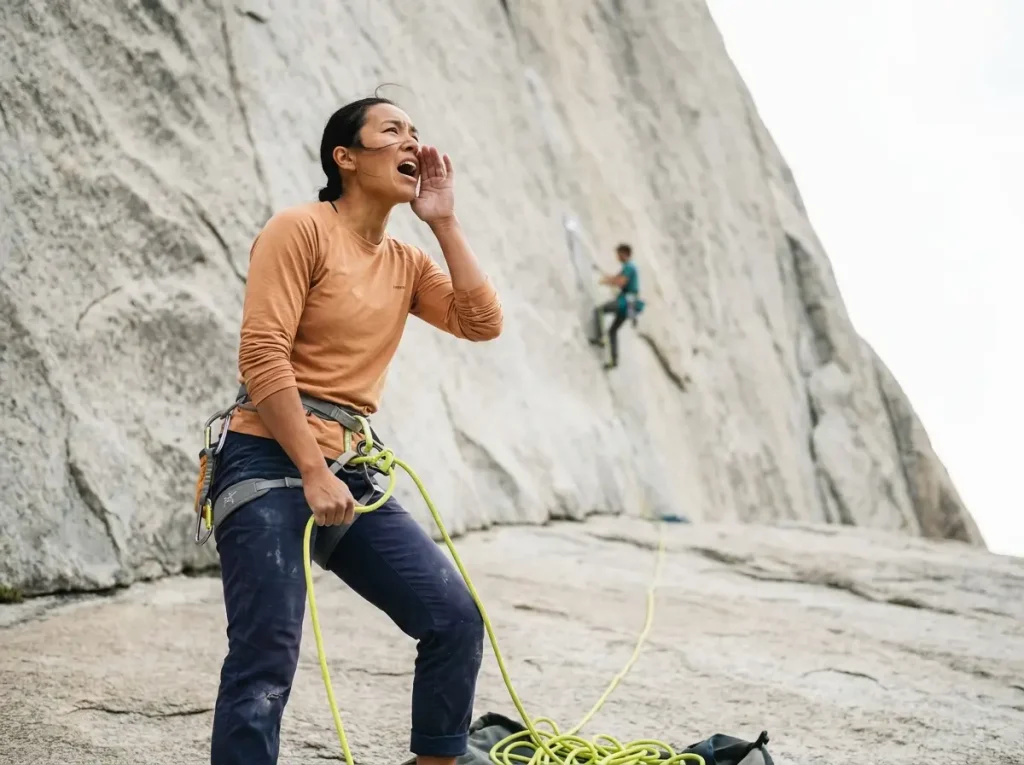 Belayer calling upward to climbing partner on route — verbal communication is critical during belay