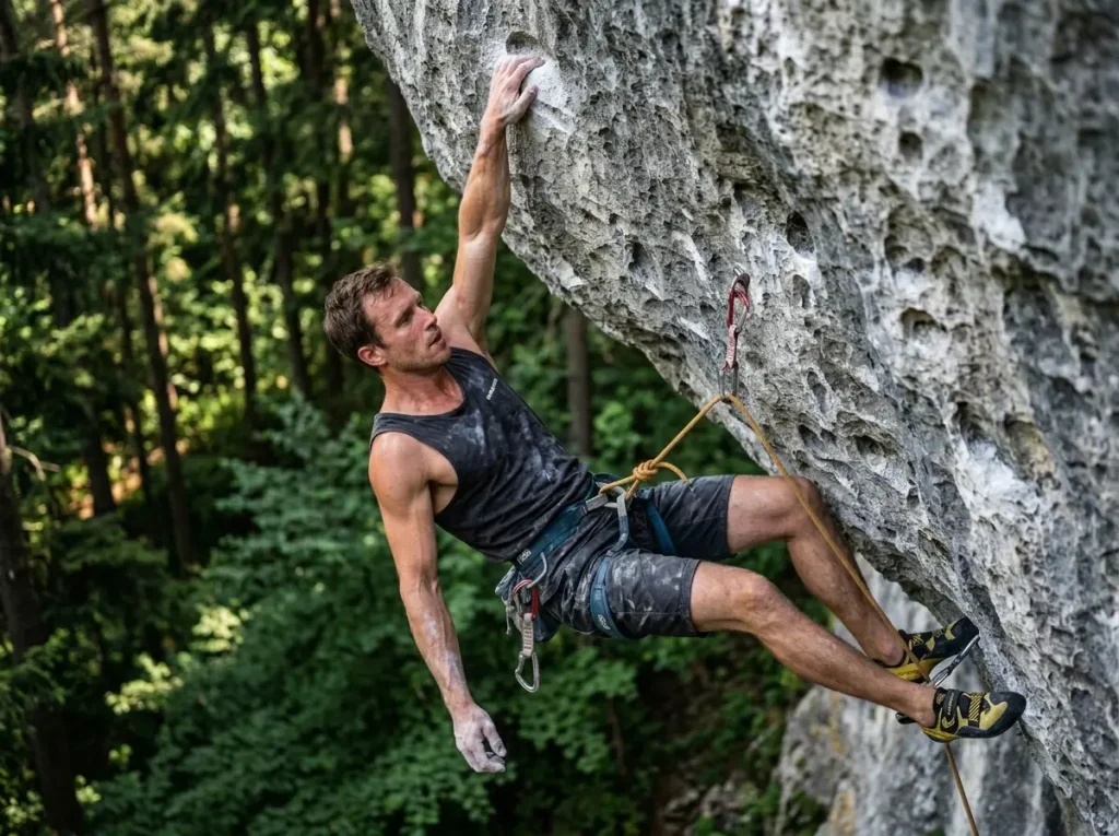 Climber shaking out a pumped arm on a steep route to recover lactic acid.