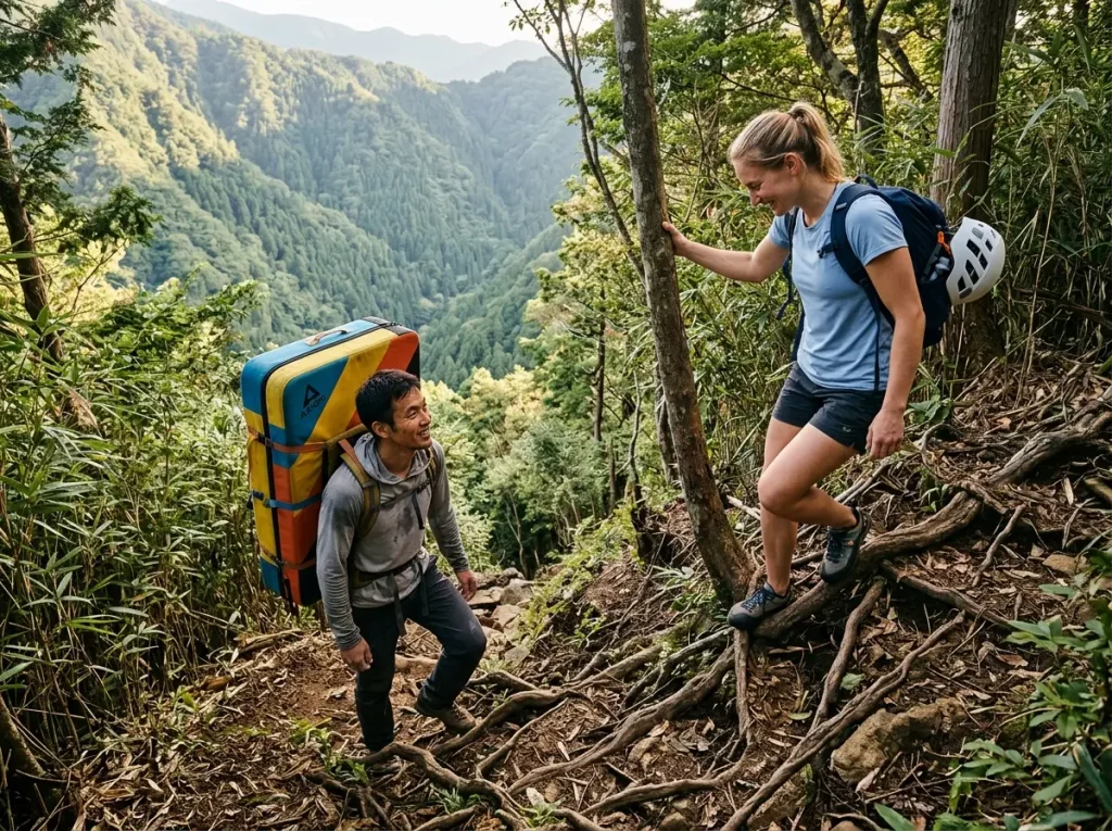 Two climbers practicing the Konnichiwa greeting etiquette on a steep Japanese trail