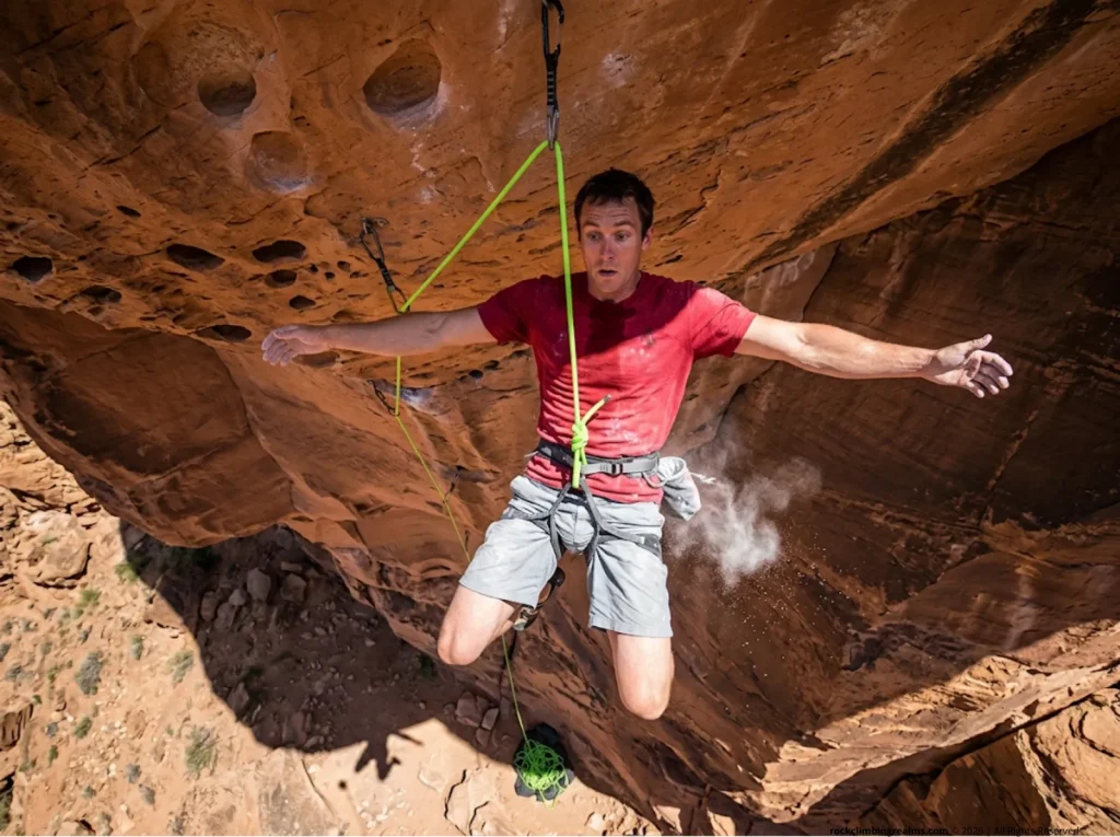 Climber taking a lead fall outdoors, showing load distribution and harness tie in points explained loop vs belay.