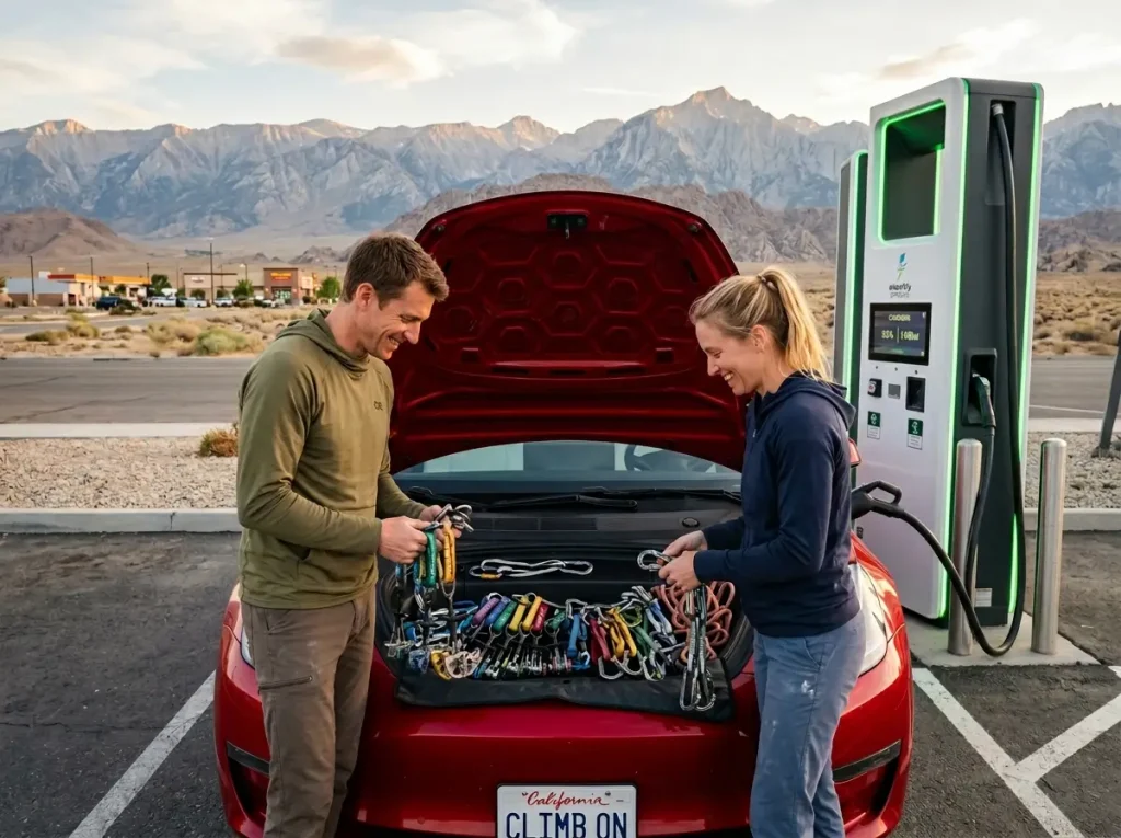 Climbers organizing gear on a Tesla Model 3 at a DC fast charging station in Bishop.