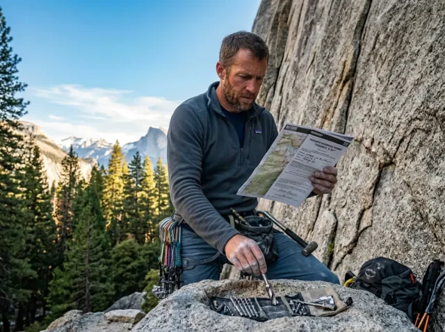 climbing-fixed-anchors-wilderness-law-permit Climber preparing gear for legal fixed anchors in wilderness