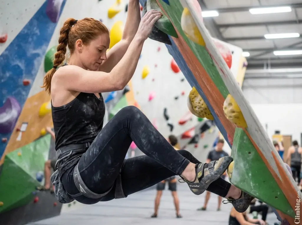 Climber performing the hover drill above a tiny foothold in a bouldering gym