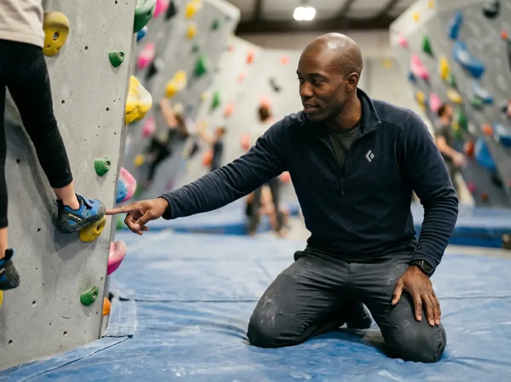 Climbing coach pointing at foothold technique for young beginner on indoor bouldering wall