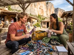 Climbing Gear Rental vs Buying for Travel Break-Even Math Climbers calculating the cost of climbing gear rental vs buying for travel at an outdoor hostel.