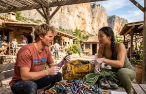 Climbing Gear Rental vs Buying for Travel Break-Even Math Climbers calculating the cost of climbing gear rental vs buying for travel at an outdoor hostel.