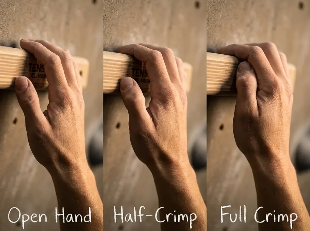 Three grip positions on climbing hangboard showing open hand, half-crimp, and full crimp comparison