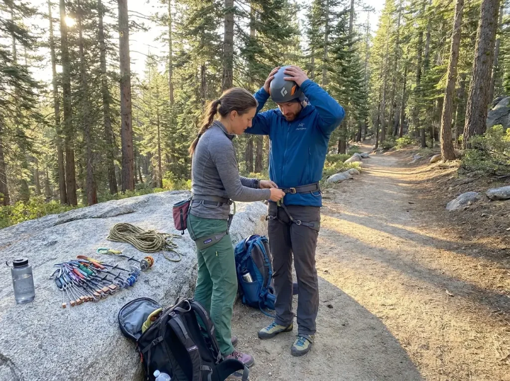 Guide and client conducting a pre-climb gear check and briefing at the trailhead