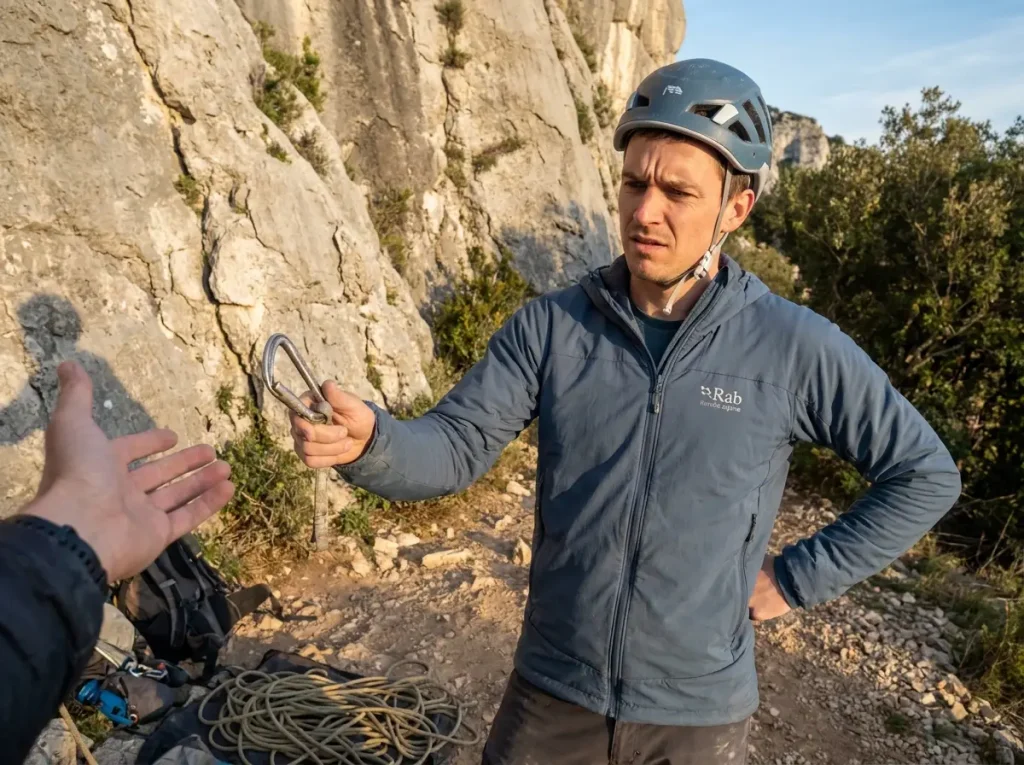 Climber at a crag examining gear critically before deciding whether to trust an unverified guide