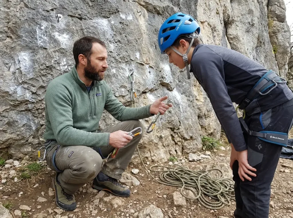 Beginner climber at the base of a sport crag getting instruction from a guide before their first outdoor lead