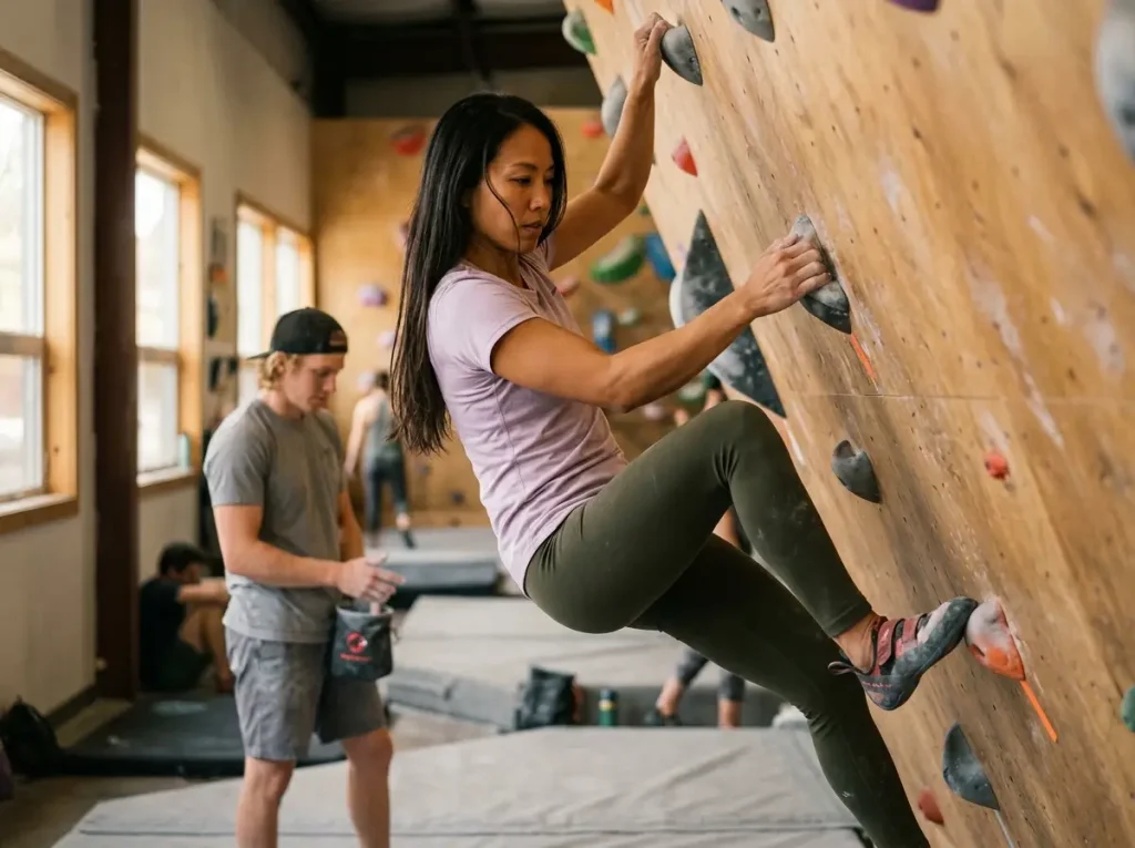Female climber working an indoor bouldering problem with a fellow member respecting her space — beta ethics in practice at a climbing gym