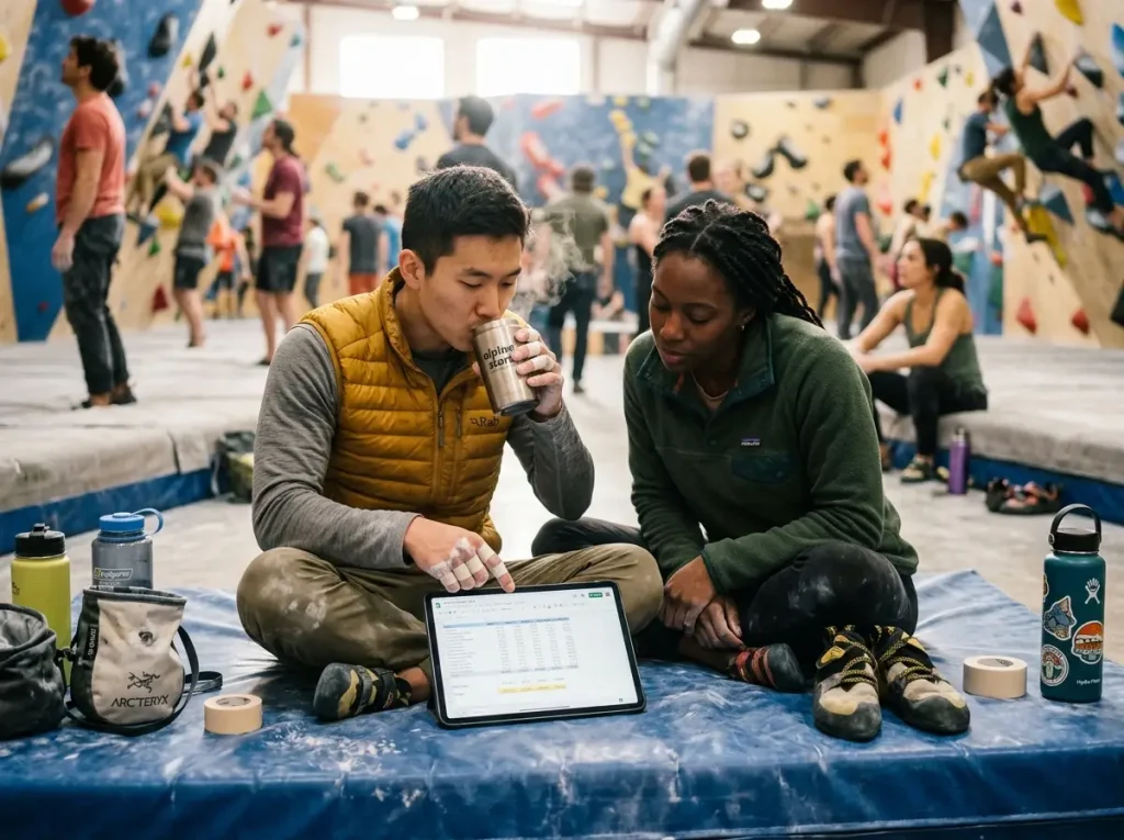 Two climbers reviewing the break-even math for our climbing gym membership cost comparison guide.