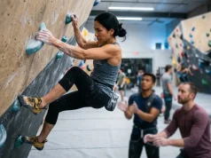 Climbing Gym Community Building Tips Owners Miss Climbers at an indoor bouldering gym exchanging beta during a community session — climbing gym community building in action