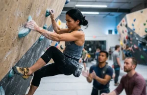 Climbing Gym Community Building Tips Owners Miss Climbers at an indoor bouldering gym exchanging beta during a community session — climbing gym community building in action