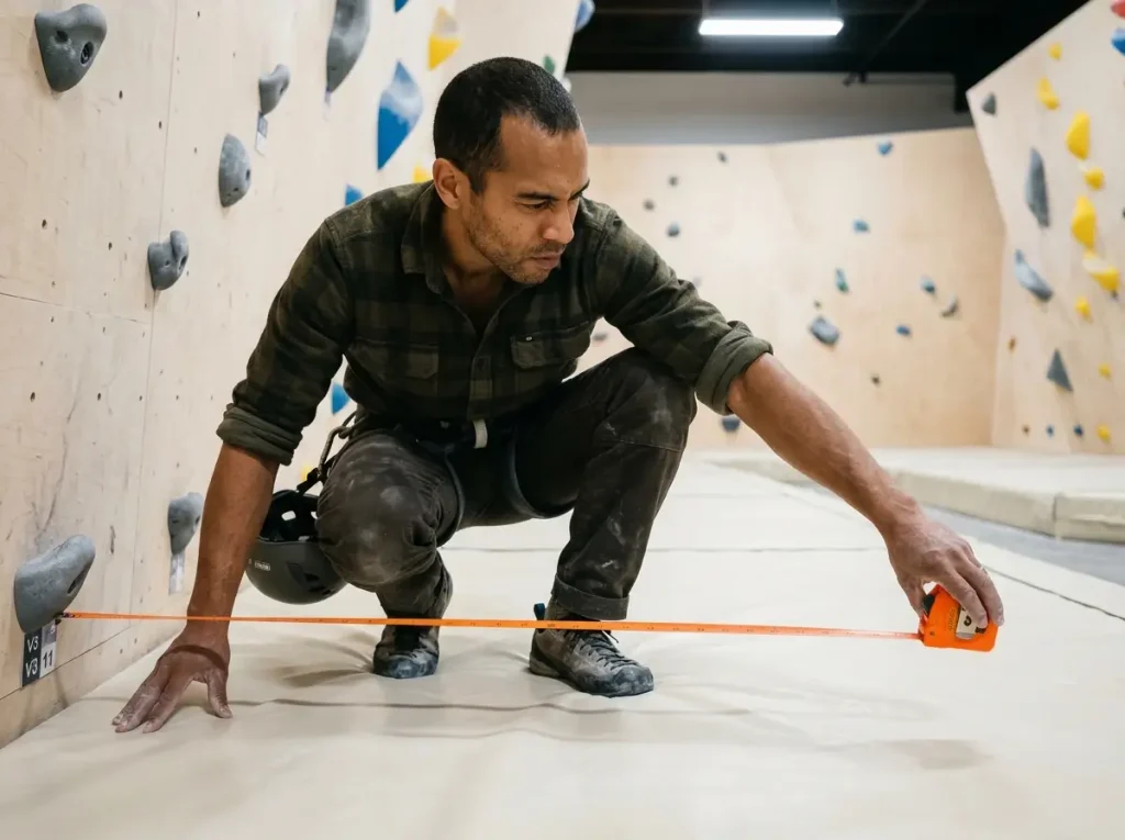 Climbing gym routesetter measuring bouldering fall zone clearance at an indoor gym — applying the 2.5 meter safety standard