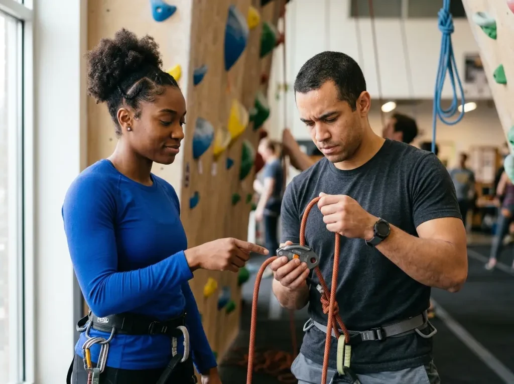Climbing gym instructor mentoring a beginner through a lead belay certification check — technical onboarding rite of passage