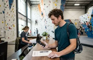 Climbing Gym Membership Cost Break-Even Guide Climber calculating fees at the front desk for our climbing gym membership cost comparison guide.
