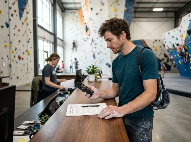 climbing-gym-membership-cost-comparison-guide-hero Climber calculating fees at the front desk for our climbing gym membership cost comparison guide.