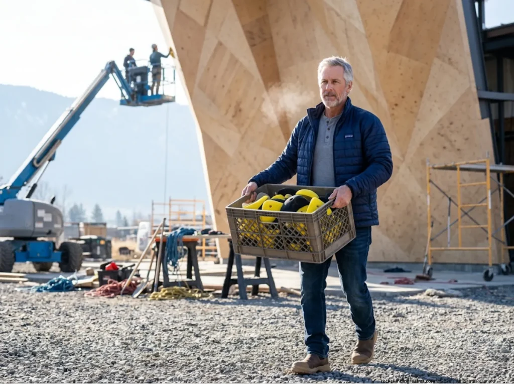 Facility owner carrying a heavy crate of Kilter polyurethane holds under an outdoor competition wall.