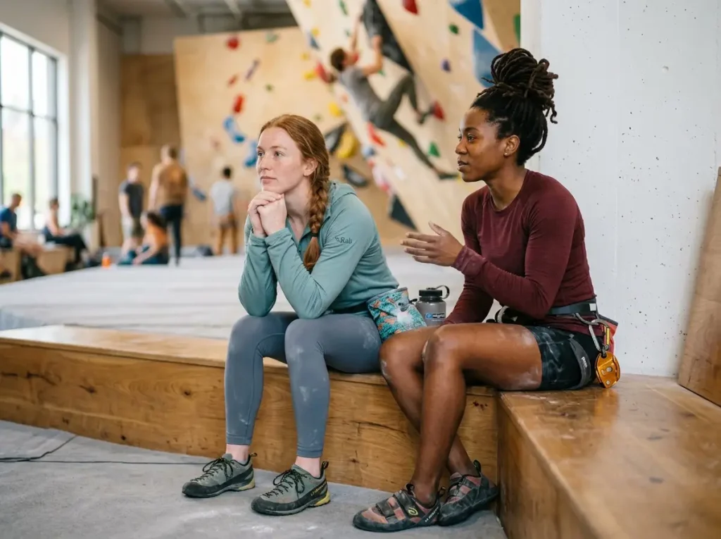 Two women climbing gym members relaxing at a pause point bench between attempts — social zone design at a bouldering gym 