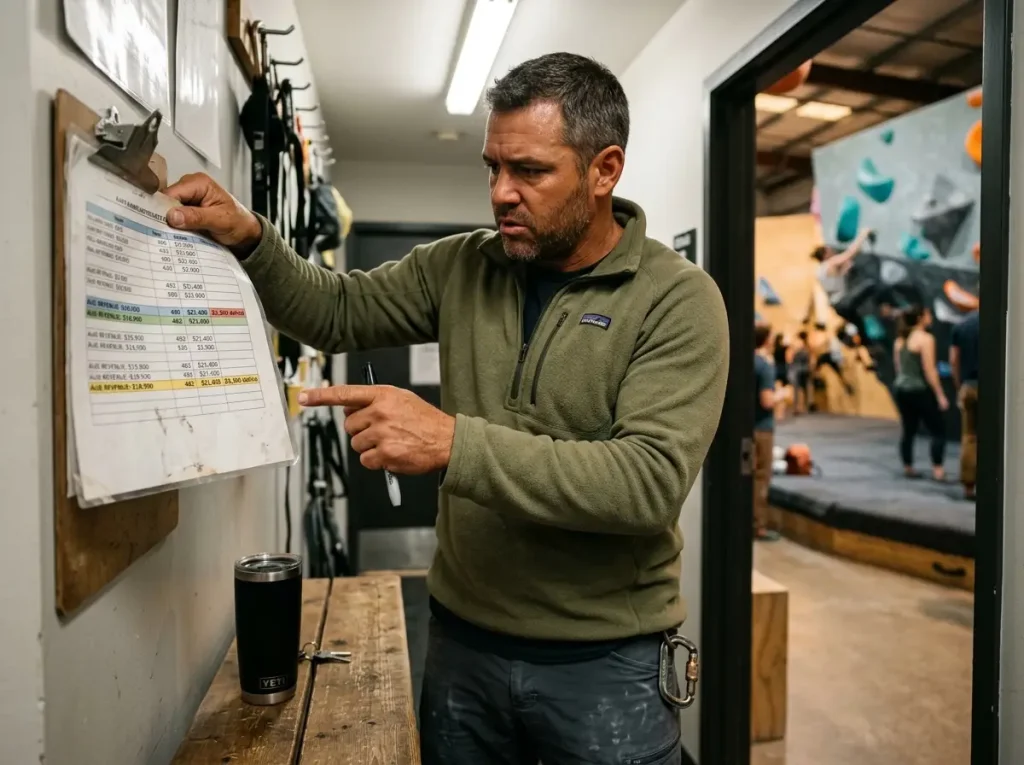 Climbing gym owner reviewing membership retention metrics on a clipboard — measuring community health data  
