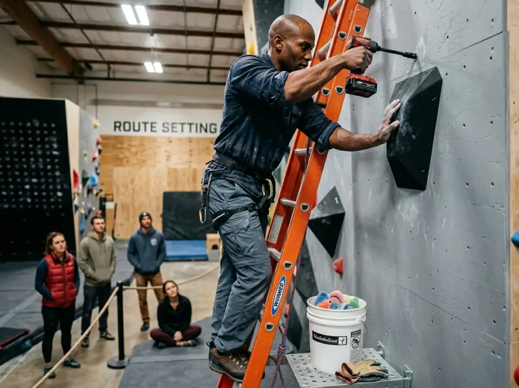 Climbing gym routesetter installing new bouldering holds on reset day with members watching — routesetting community ritual