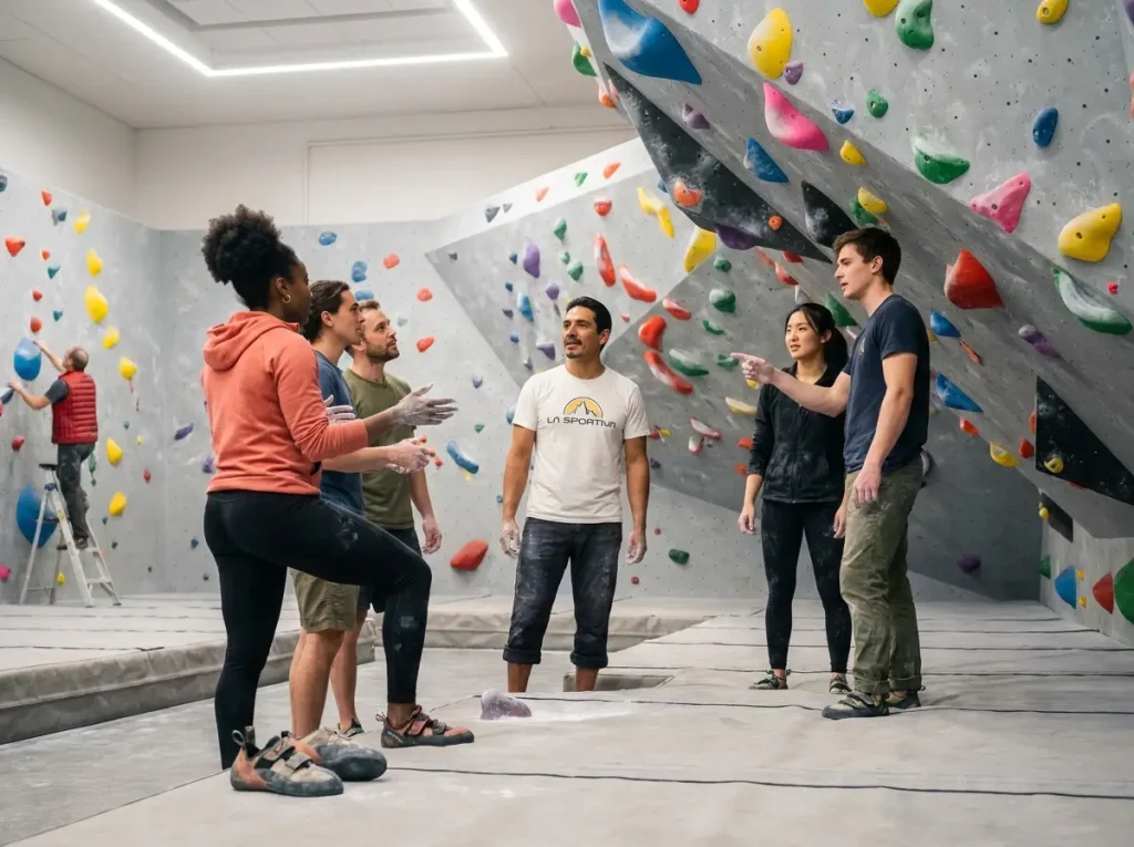 Diverse group of climbers inside a modern bouldering gym, all engaged and social