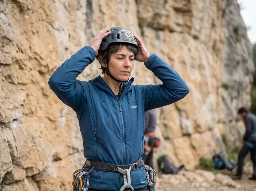 Climber testing helmet retention system stability by rocking helmet on head at crag