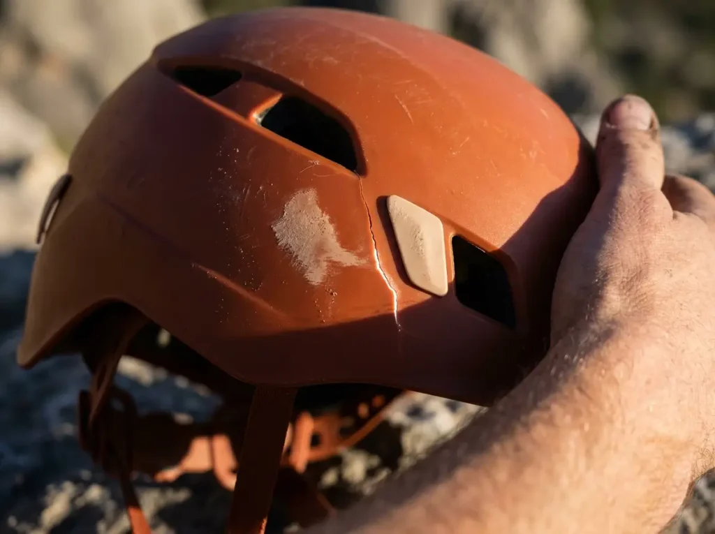 Close-up of climbing helmet ABS shell showing deep crack and hairline fracture near vent hole