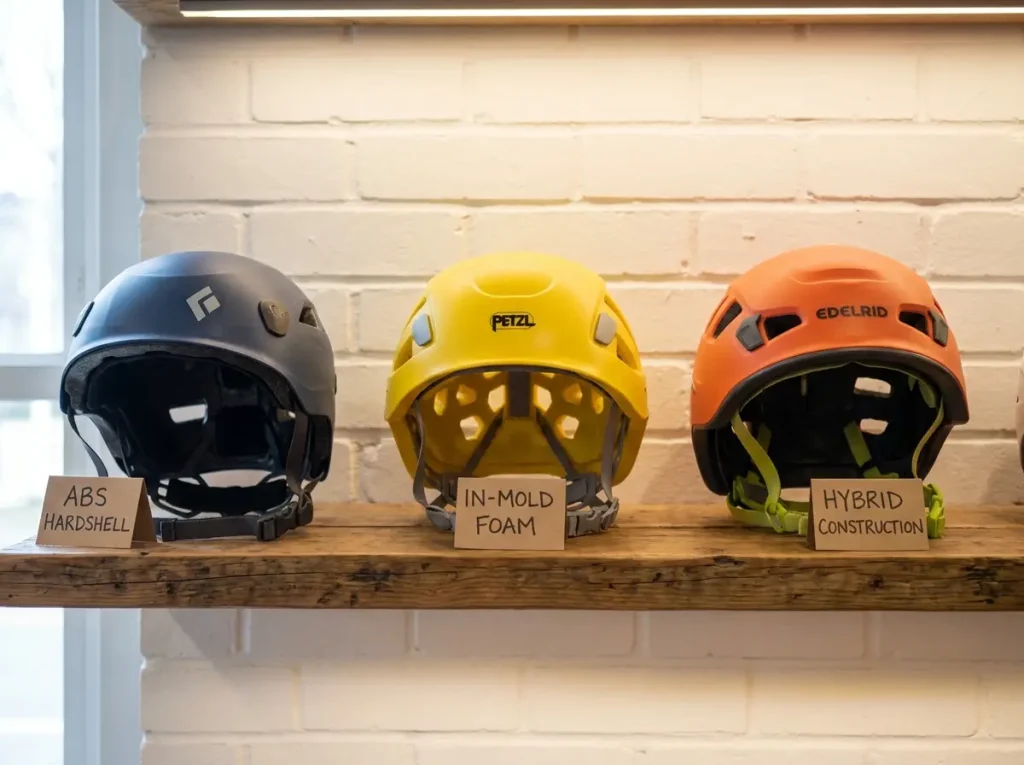 Selection of three climbing helmets on a gear shop shelf showing hardshell and in-mold construction types