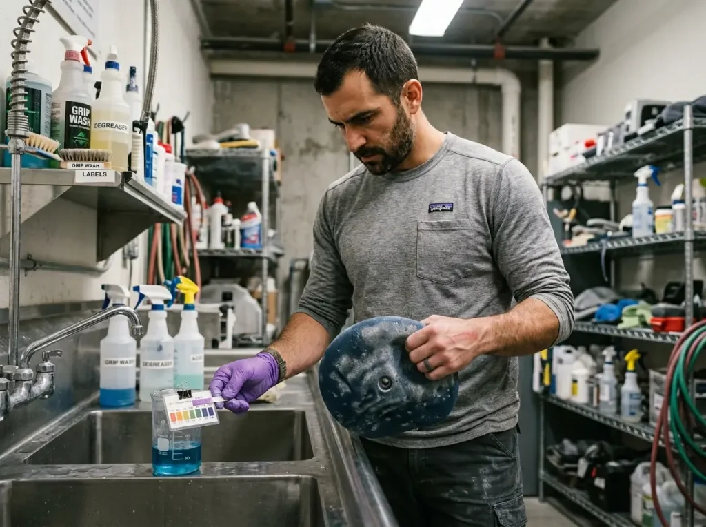 Gym manager checking pH of cleaning solution before washing climbing holds — avoiding acid damage to hardware