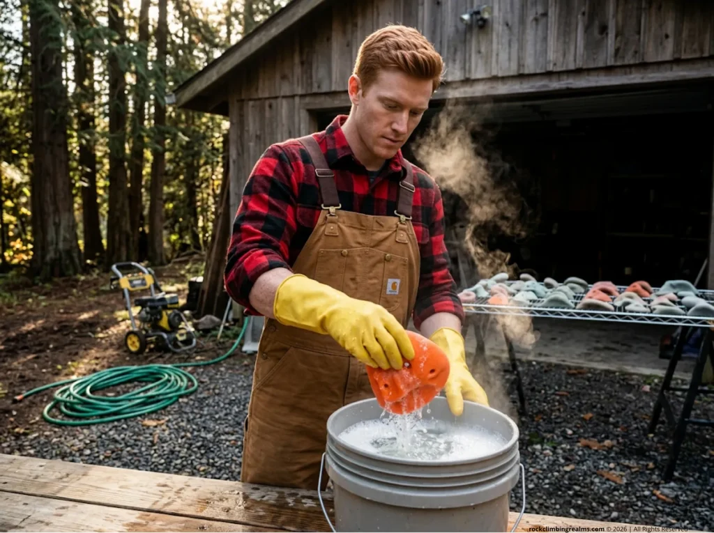 Technician washing a Chapter Climbing hold in a citric acid bath to perform maintenance cleaning.