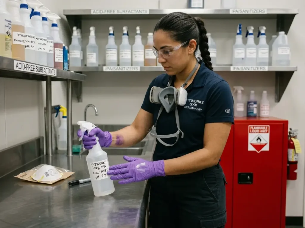 Gym manager labeling cleaning chemicals with PPE — N95 respirator and nitrile gloves for climbing hold maintenance 