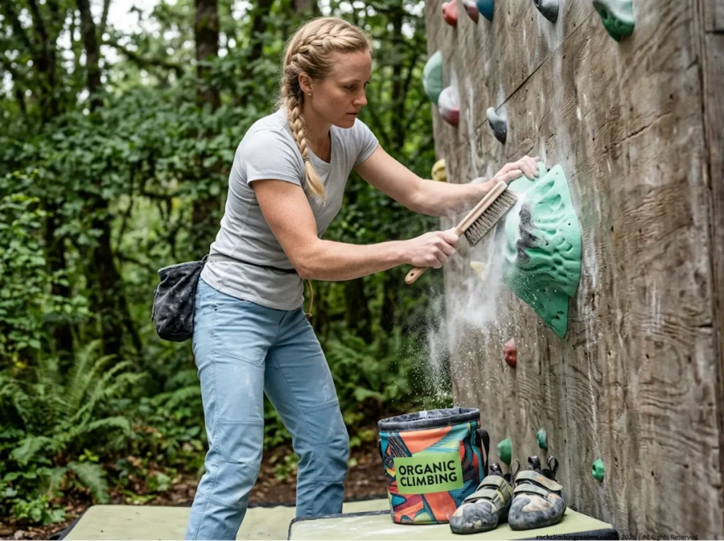 Athlete scrubbing chalk off a textured So iLL climbing hold to restore surface friction outdoors.
