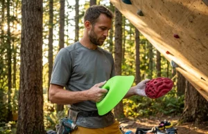 Climbing Hold Materials Polyurethane vs Polyester Tested Route setter comparing a large polyurethane volume and small polyester climbing hold for outdoor training.
