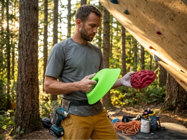 climbing-hold-materials-polyurethane-vs-polyester Route setter comparing a large polyurethane volume and small polyester climbing hold for outdoor training.
