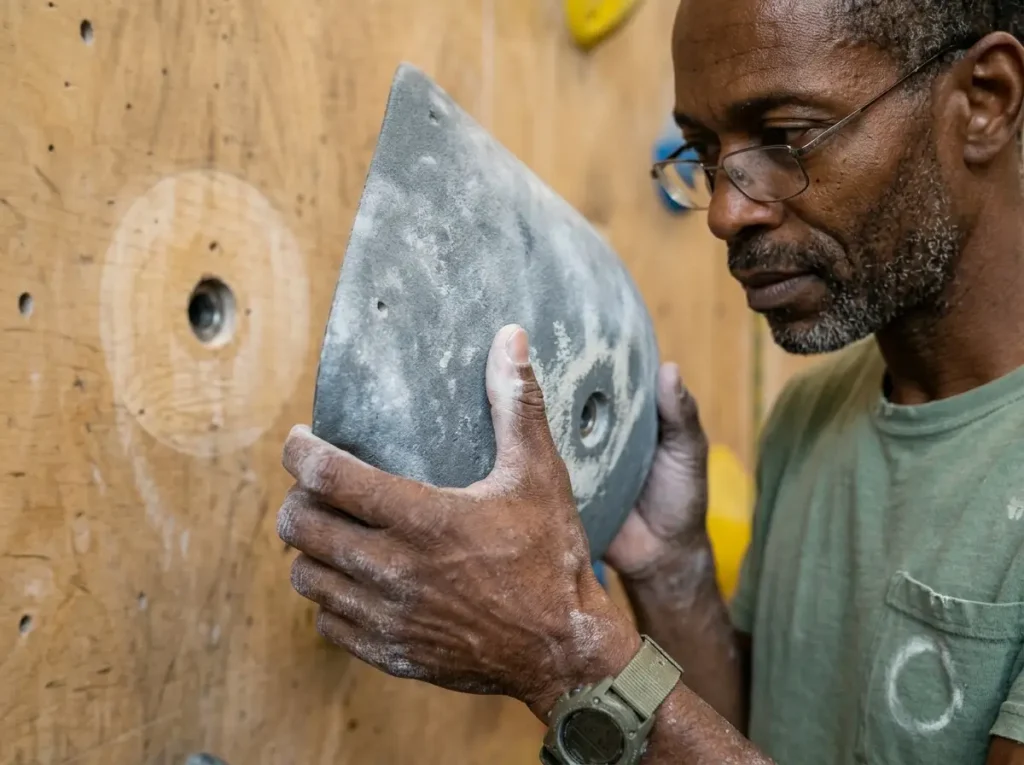 Routesetter inspecting a worn polyurethane climbing hold for micro-fractures before retirement decision 