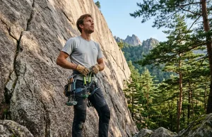 Climbing in Japan Best Areas and Culture Field-Tested Technical climber racking up Black Diamond cams at the base of an Ogawayama granite slab in Japan