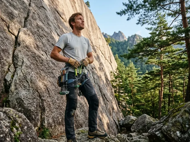 climbing-in-japan-best-areas Technical climber racking up Black Diamond cams at the base of an Ogawayama granite slab in Japan