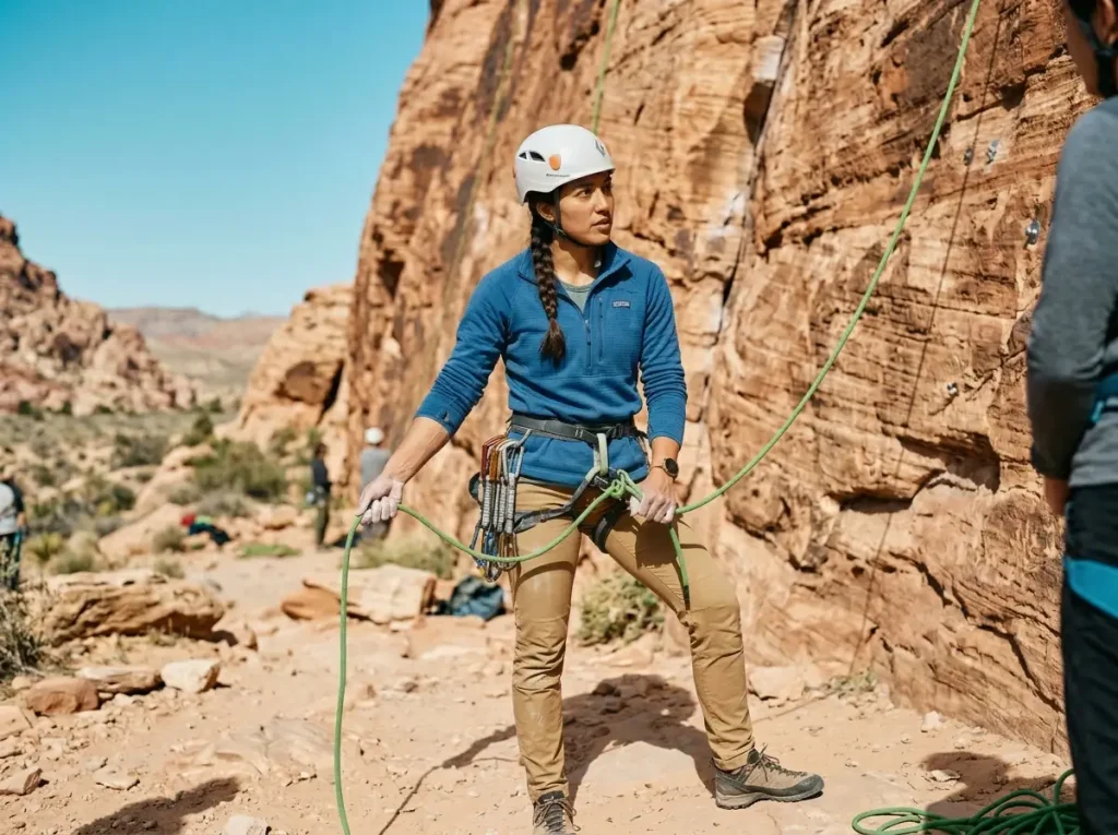 Female climbing instructor demonstrating belay skills representing the AMGA single pitch instructor certification track