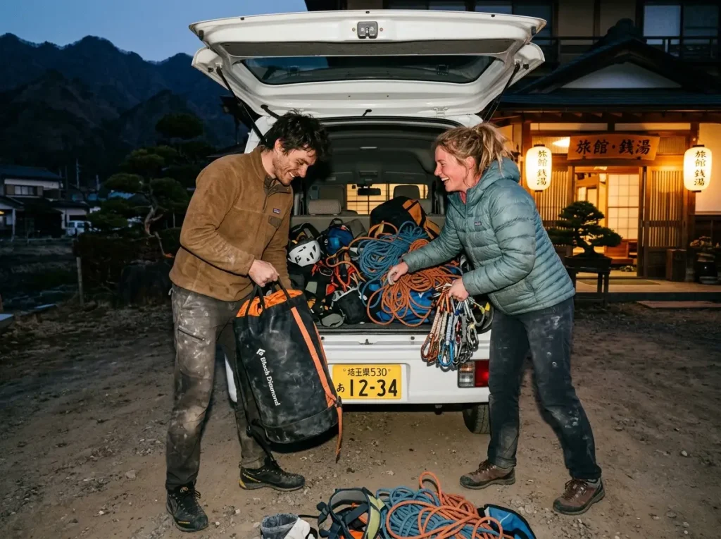 Exhausted climbers loading traditional gear into a compact Kei car at a Japanese Ryokan