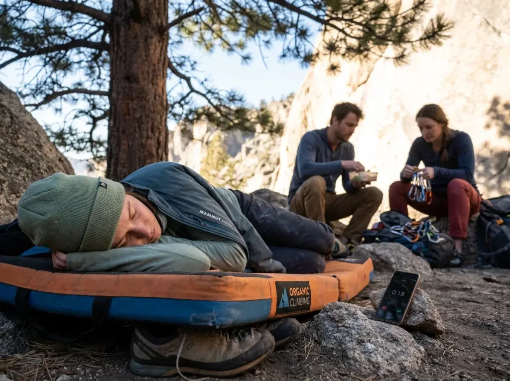 Climber napping on a crash pad at the base of a crag in midday shade between sessions