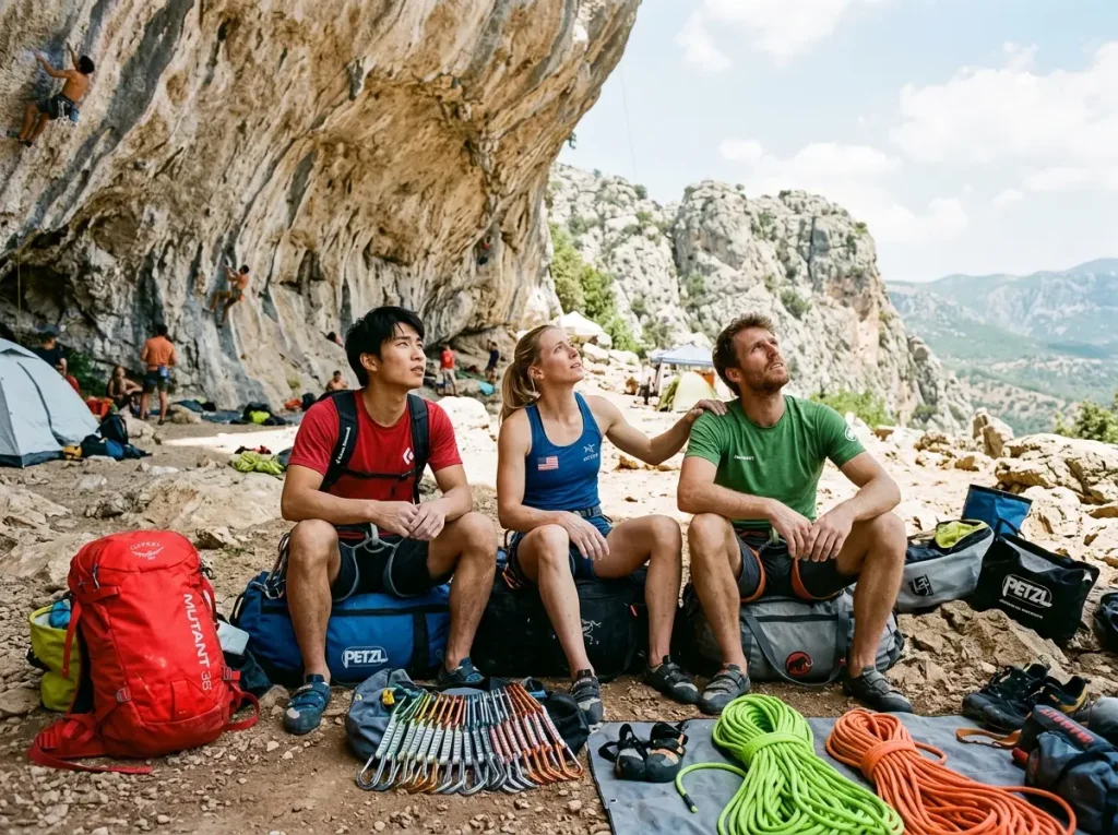 Diverse group of climbers resting at basecamp
