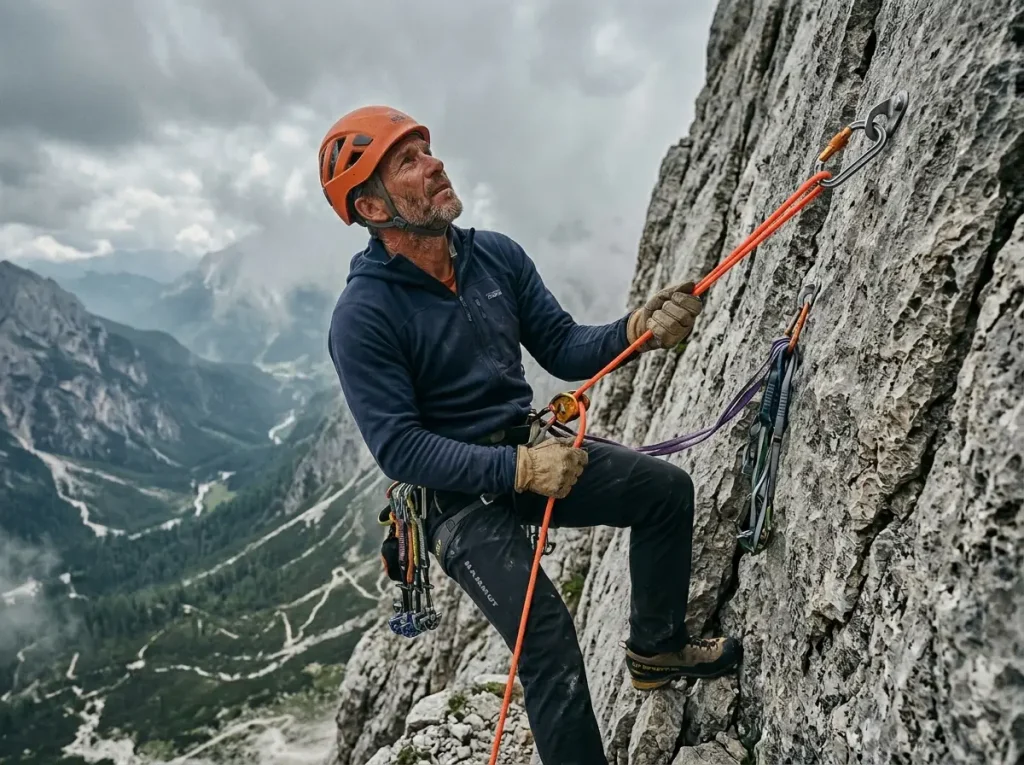 Belayer catching a lead fall with dynamic rope tension on rock face